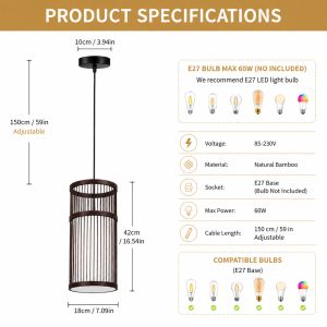 JOYINLED Bamboo Chandelier Hand Woven Ceiling Light Natural Rattan Pendant Lamp E27 Fixture for Dining Room Bedroom Cafe Decor