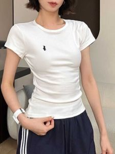 Summer Fashionable Retro Womens Slim Fit Short Sleeve T-Shirt Pure Color Versatile Simple Design Shoulder Width Appropriate Top
