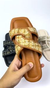GALIA Cila Sandal Selop Wanita Motif Kain Hitam Tan Krem