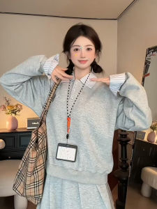 Korean Style Long Sleeve Polo Neck Shirt Loose Fit Color Block Striped Design Womens Casual Sweatshirt Fake Two-Piece