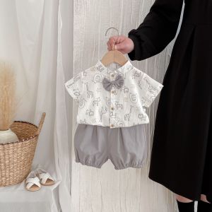 Summer Korean style boys suit short-sleeved shirt shorts and bow tie handsome babys first birthday outfit. (0-4 years old)