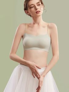 Seamless Thin Wrap Chest Top Womens Underwear Bra with Spaghetti Straps Integrated Vest Style Gather Function All Year Round