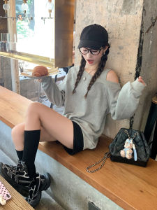 Off Shoulder Slant Shoulder Grey Pullover Hoodie