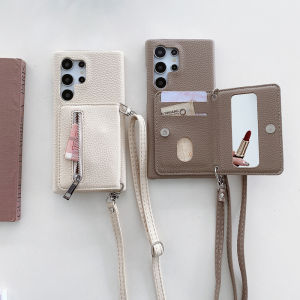 Crossbody Wallet Case for Samsung Galaxy S25 Ultra S24 FE A55 A54 A16 A35 S23 Note10 Note 20 Ultra Case with Mirror Makeup Wrist Strap Zipper Purse Magnetic Buckle Card Holder Wallet PU Leather Shockproof Case