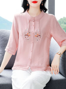 เสื้อเชิ้ตผู้หญิงคอตั้งแขนยาวปานกลางทรงหลวมสไตล์จีนใหม่ปักลายฤดูร้อนแฟชั่นเสื้อคลุมท้องแบบลำลองสำหรับคุณแม่