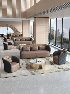 Luxurious Sofa Hotel Lobby Display Hall Reception Desk Combination Wooden Structure Sponge Filled Nordic Style Leather Art