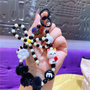 Trendy Girl Heart Velvet Cat Mobile Phone Chain Beads Short Key Holder Womens Lanyard Festive Creative Gift