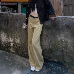 Khaki Wide Leg Jeans Women Loose Slimming High Waist Vintage Lazy Feel Casual Floor-Length Straight Leg Long Pants