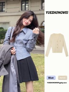 YUEZHONGWEI | Blue Striped Tie Blouse For Layering School Style Short Top