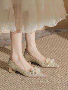 Giày Cao Gót Đính Pha Lê Màu Sâm Panh Pháp Giày Cưới Cho Nữ Giày Cao Gót Mũi Nhọn Đế Dày Đa Năng Giày Công Chúa