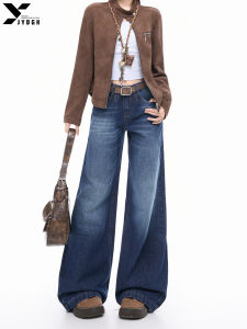 Retro American Straight Leg Jeans Womens Loose Wide Leg Pants Autumn New Style Casual Cotton Trousers with Pockets