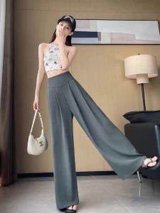 Quần Nữ Cạp Cao Ống Rộng Dáng Suông Dài Chạm Đất Chất Liệu Polyester Phong Cách Công Sở.