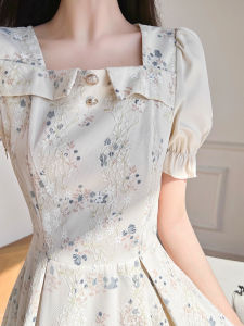 WANGGONGZHU | Elegant Floral Sweet Dress Womens Summer 2025 New Waist-Cinching French Style Bubble Sleeve Square Collar Long Dress
