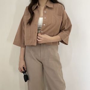 Kemeja crop wanita bahan linen premium // kemeja croptop oversize