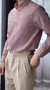 DANDY COSMO | [3สี] เสื้อเชิร์ต Oxford Shirt ลายทางเล็ก-พื้นครีม Cotton