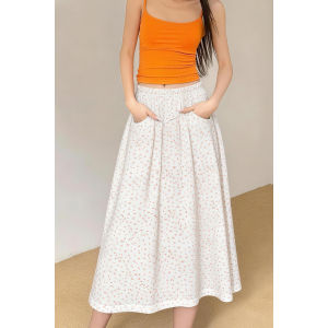 MANMI | White Dotted High-Waist Slimming Mid-Length Skirt