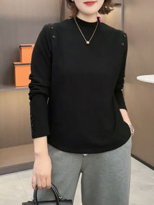 QINGNAER | Button Detail Slim Fit Versatile Plus Size Long Sleeve Top