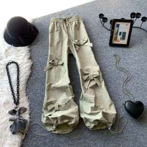 High Waist Cargo Pants Womens Spring Autumn 2024 New Retro Loose Quick Dry Casual Wide Leg Pants with Butterfly Knot