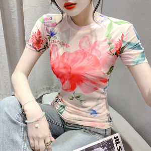 Yimei áo in hình ngọt ngào Quần Áo Nữ quá khổ thanh lịch 2024 Áo Thun Lưới Cổ Tròn Ngắn Tay mùa hè mới