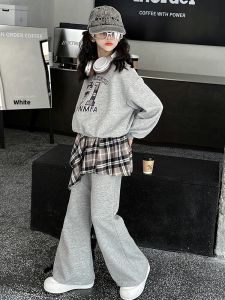 MPW | Girls Spring Autumn Fashionable Embroidered Plaid Two-Piece Set Casual Comfortable Breathable Machine Washable Polyester