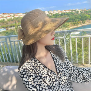 Womens Straw Hat Summer Travel Beach Sandals Sun Protection Large Brim French Style UV Protection Casual round Top Hat