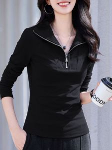 Slim Fit Long Sleeve Polo Neck T-Shirt Womens Autumn Fashion 2025 New Half Zip Design Base Shirt Top Korean Style Commute