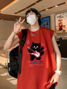 เสื้อยืดแขนกุดลายแมวสีแดง เสื้อกั๊กคอตตอนคุณภาพพรีเมียมสำหรับผู้ชาย ทรงหลวม สไตล์ลำลอง สวมใส่สบาย ฤดูร้อน 2024