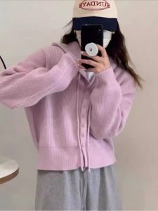 สไตล์เกาหลี Lazy Retro Short High เอว มีฮู้ด ถัก เสื้อสเวตเตอร์ เสื้อโค้ท ผู้หญิง Fall New หลากหลาย Open คาร์ดิเกน Long Sleeve Regular Fit