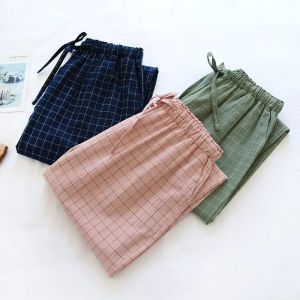 Pajama Pants Womens Cotton Home Trousers Spring Autumn and Winter Plaid Trousers Elastic Waist Tie Girl Soft Sleeping Pants