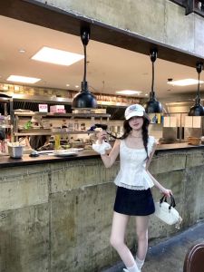 VKSOD | Pure Desire White Lace Trim Belted Halter Top Womens Summer High Waist Slimming Half Skirt Set Buttoning Two-Piece Ensemble