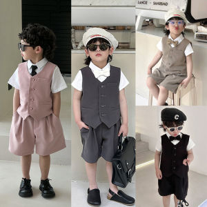 lontakids 2-12 Years Boys 4Pcs Plain Vest Suits Set Kids (Vest+Shirt+Shorts+Bowtie) Grey Pink Formal Wear Wedding Birthday Gentleman Tuxedo Outfits
