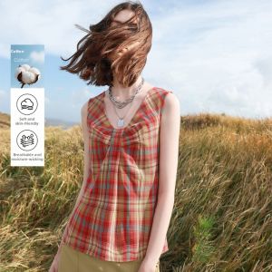 3COLOUR·S | 100% Cotton Check V-Neck Sleeveless Blouse