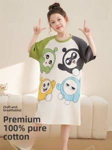 Miiow | Pure Cotton Summer Lightweight Short Sleeve Girls Nightgown Cartoon Childrens Sleepwear Home Clothes For Little Girls