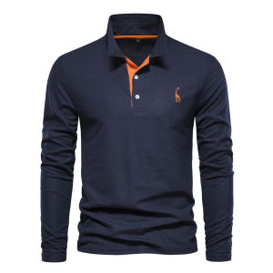 AIOPESON 2023 New Mens Deer Embroidery Polo Shirts Solid Color Long Sleeve Social Business Male