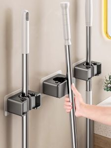 Strong Adhesive Wall-Mounted Broom Holder Multi-Functional Cleaning Tool Stick-On Kitchen Bathroom Sweeper Organizer