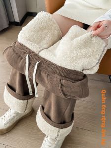 JIANGLU | Quần ống rộng lót lông cừu dày cho nữ mùa thu đông quần dài thường ngày rộng rãi thoải mái