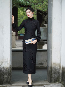 Thick Velvet Embroidery Modified Cheongsam Dress Long Sleeve