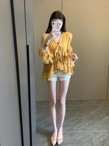 French Layered Lace Sleeve Top Women Loose Summer New Style Original Version Model Shipping Korean Style Commute Long Sleeve V-Neck