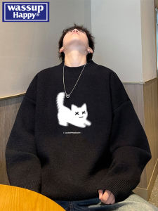 Wassup Happy Mens Winter Thickened Cat Print Knitwear Loose Base Layer Casual Style Long Sleeve round Neck Warm Top