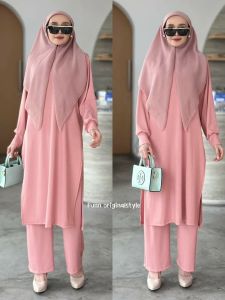 Womens Pantsuits Blouse long sleeve Wrinkle Free Elastic Waist Pants with Pocket Muslimah Fashion Raya Baju