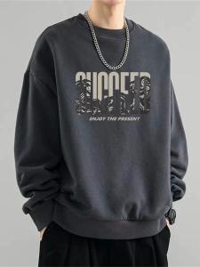 American High Street Heavyweight Pure Cotton round Neck Sweatshirt Mens Autumn Winter Fleece Lined Trendy Loose Large Size Couple Jacket