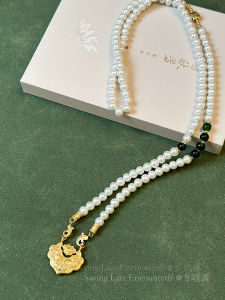 Gold Lock Pearl Beaded Necklace High-End Version New Chinese Style Qipao Accessory Green Agate Treasure out the Oven