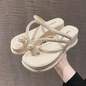 French Style Fairy Dress Thick Bottom Slip Flops Womens Summer Outer Wear 2023 New Super Fire Pearl Sandals Women