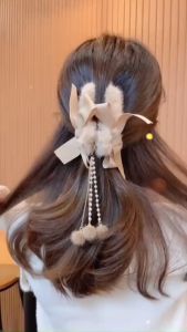 Kẹp tóc nơ tua rua sang trọng kẹp tóc lông sau đầu cho nữ mềm mại xinh xắn phong cách Hàn Quốc