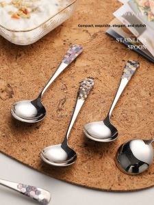 Elegant Korean Long-Handled 304 Stainless Steel Spoon Fine Dining Utensils Home Use Children Eating round Soup Spoon Internet Celebrity Soup Spoon