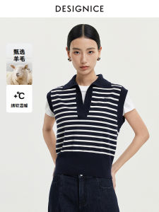 Designice Womens Woolen Polo Vest 2025 Spring Autumn Casual Striped Knitted Top Short Length Casual Wear Polyester Blend
