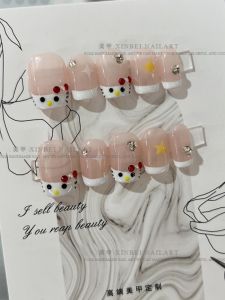 Handmade Wearable French Style Nude Cat Eye False Nails Short White Enhancing Nail Art Stickers Cute Kitty Drawing on Nails