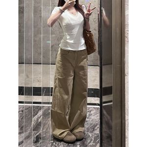 Quần Jeans Ống Rộng Cạp Cao Màu Kaki Cho Nữ Quần Dài Dài Đến Sàn Kiểu Dáng Thẳng Phong Cách Mỹ Cổ Điển Quần Jeans Thường Ngày