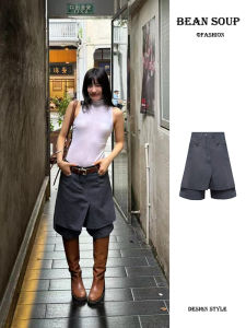 Gray Vintage Suit Skirt Pants Womens Versatile High-End Design A-Line Layered Five-Part Pants Straight Leg Casual Trousers