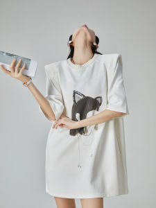 White Kitty Print Short Sleeve Padded Shoulder T-Shirt Dress